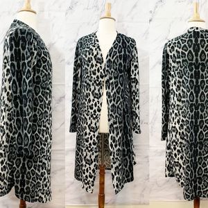 Long Gray Leopard Print Open Duster Sweater 2XL